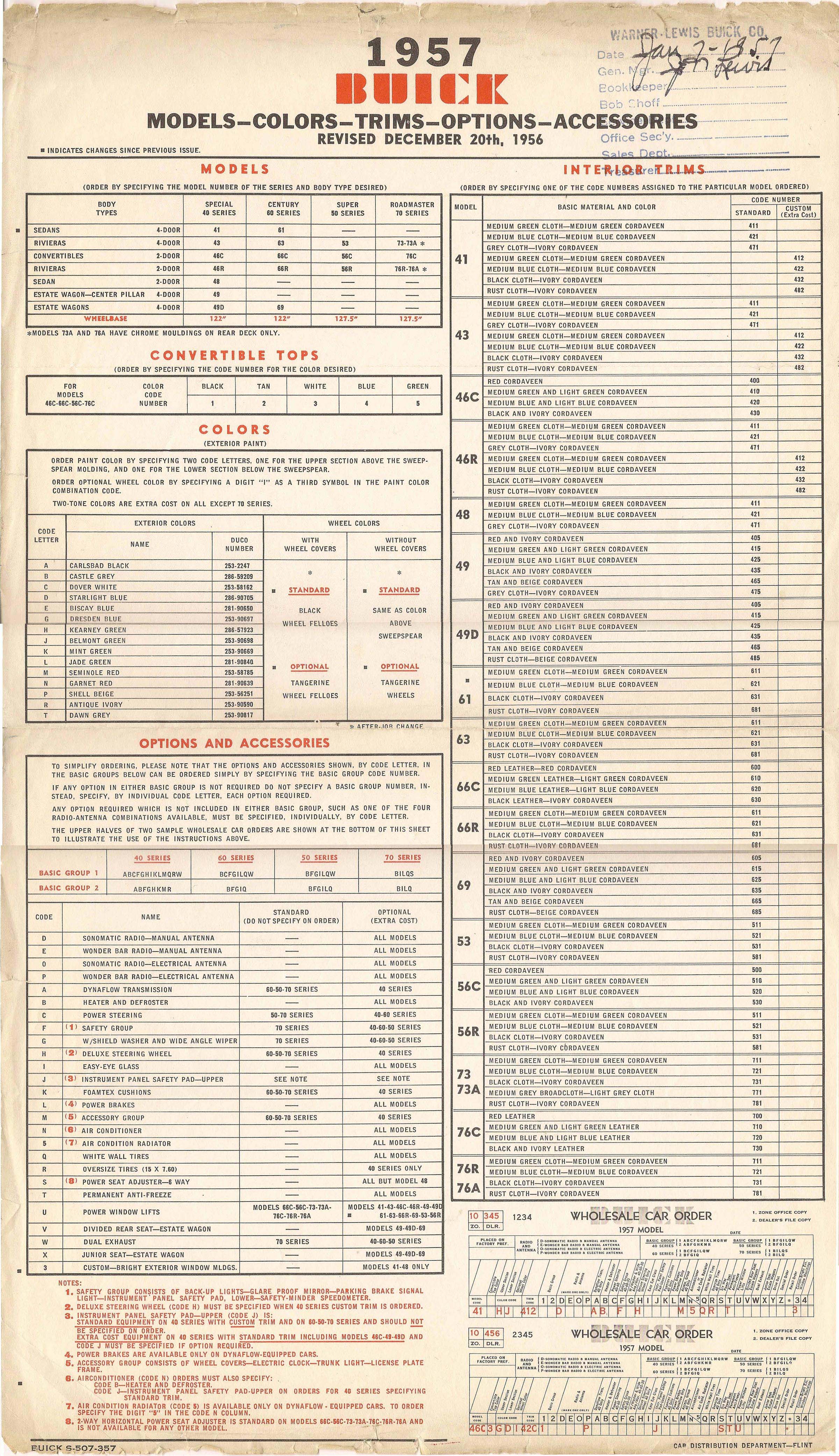 1957 Buick Order Form