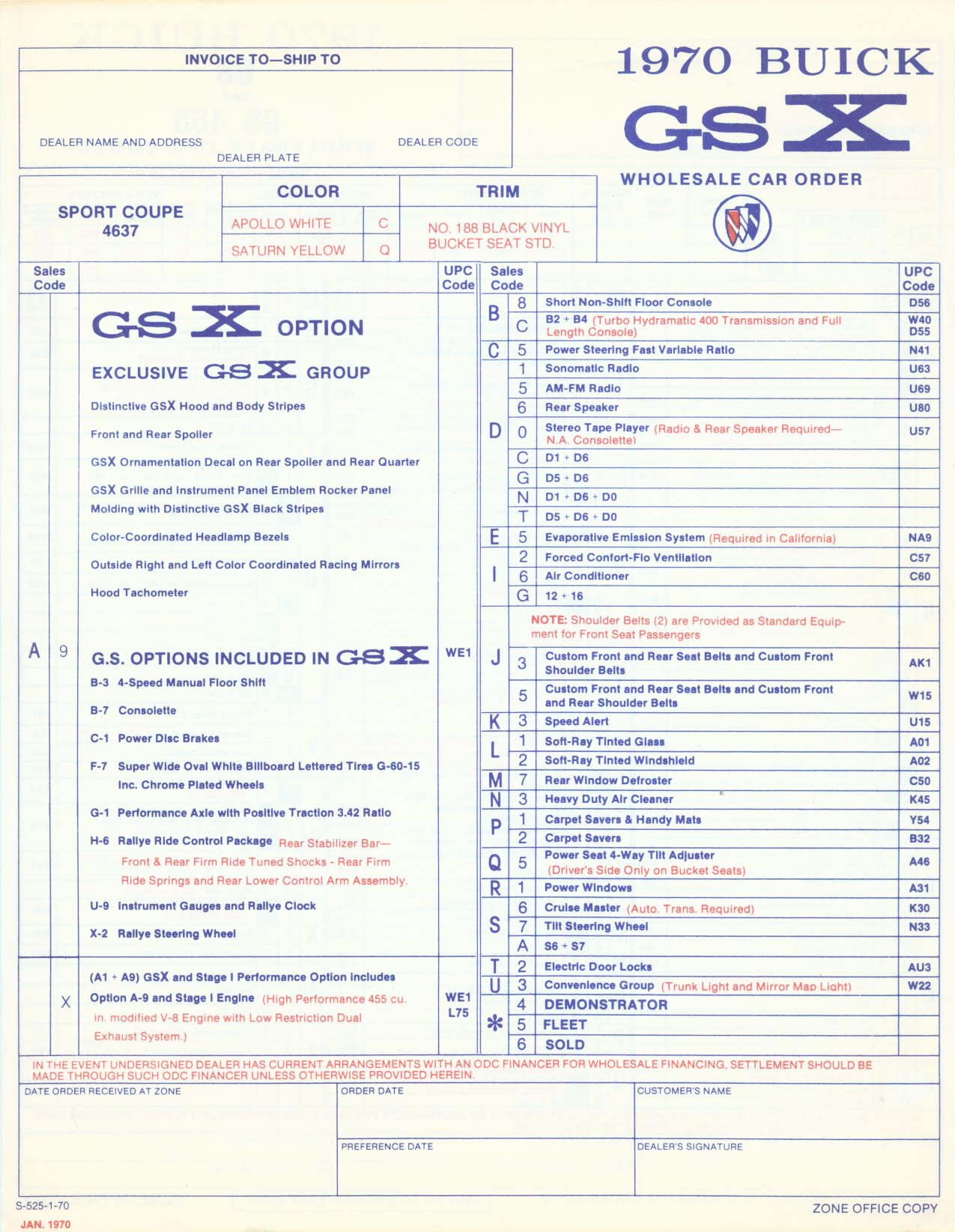 1970 Buick GSX Order Form, Options and Codes